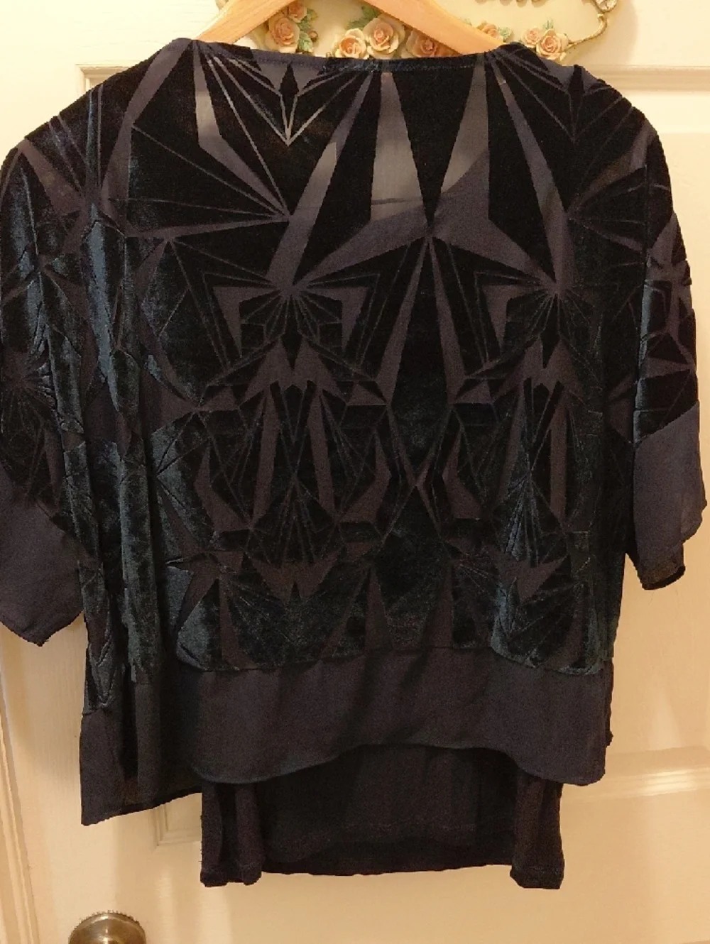 Chico's Navy Blue Geometric Velvet Overlay Blouse